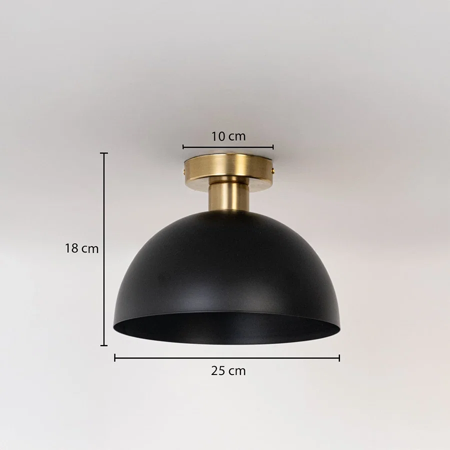 Black ceiling light with gold base and dome shade shown with dimensions 25cm width and 18cm height for modern ceiling decor.