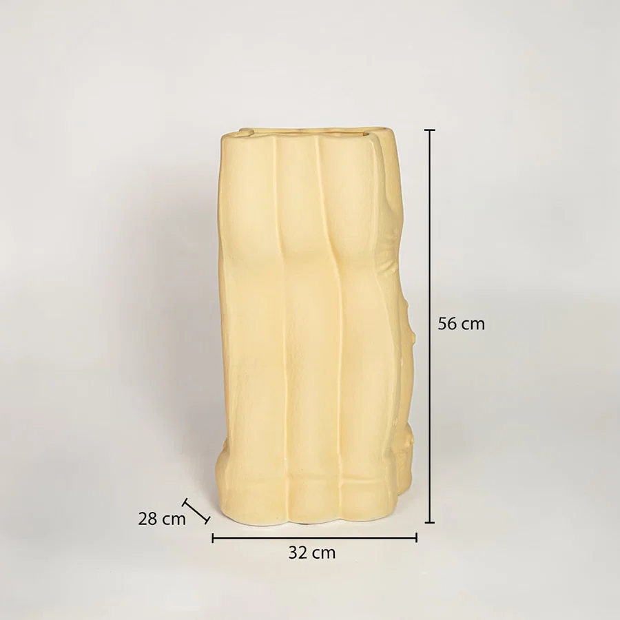Beige ceramic decorative floor vase showing 32 cm width 28 cm depth and 56 cm height ideal for living room floor decor display.