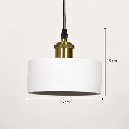 Dimension image of matte white metal drum pendant light with brass accents showing 15 cm height and 16 cm width.