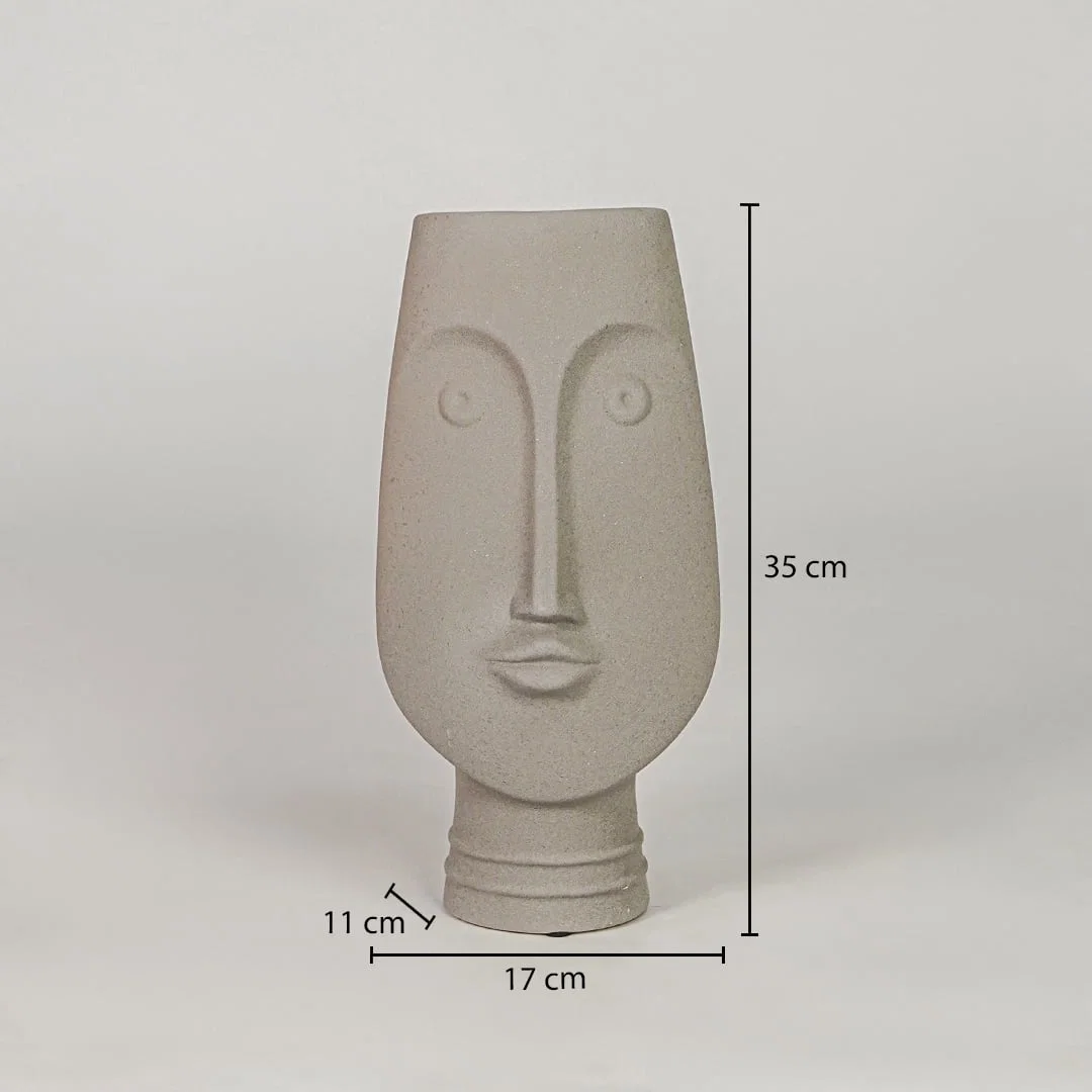 Beige ceramic face vase dimension image with 35 cm height and 17 cm width for elegant table decor.