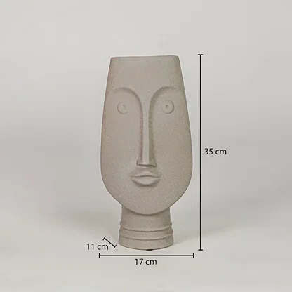 Beige ceramic face vase dimension image with 35 cm height and 17 cm width for elegant table decor.