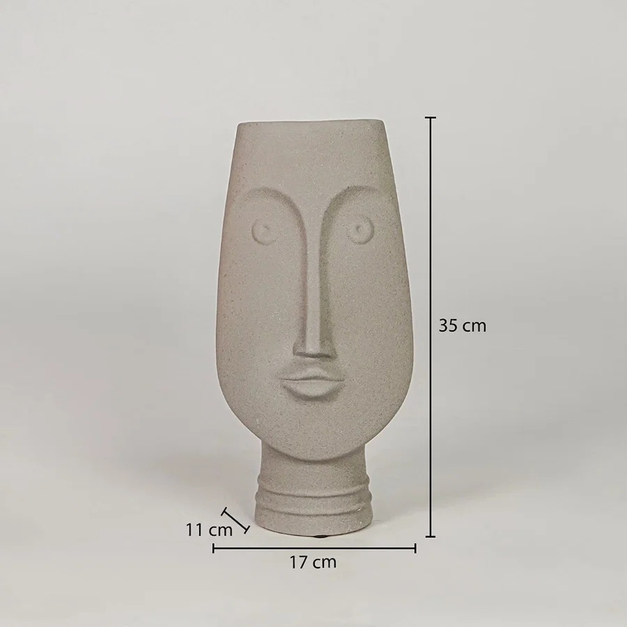 Beige ceramic face vase dimension image with 35 cm height and 17 cm width for elegant table decor.