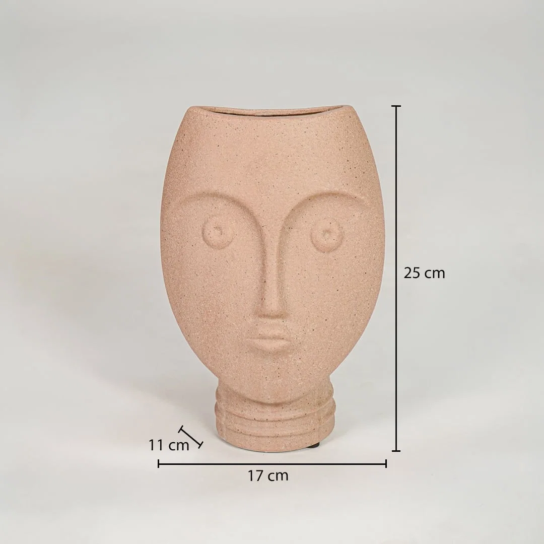 Peach textured ceramic face vase dimension image with 25 cm height and 17 cm width for shelf decor.