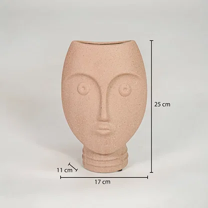 Peach textured ceramic face vase dimension image with 25 cm height and 17 cm width for shelf decor.