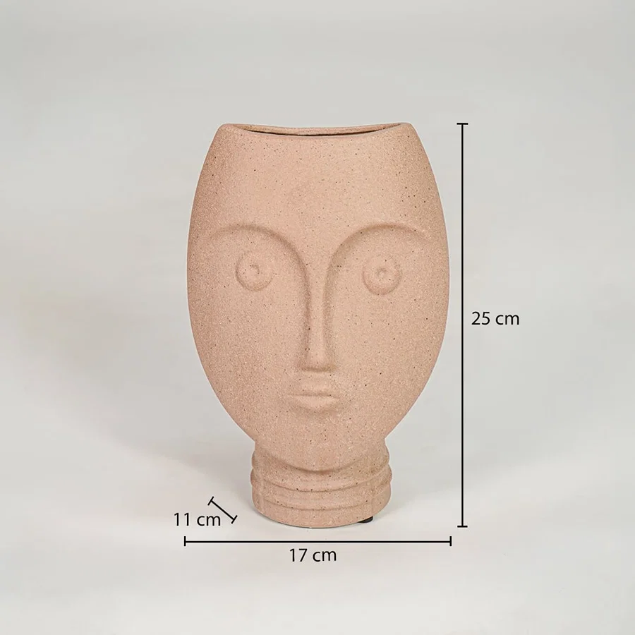 Peach textured ceramic face vase dimension image with 25 cm height and 17 cm width for shelf decor.