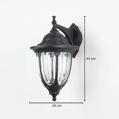 Black outdoor wall lantern 45cm height 24cm width downward facing dimension image showing vintage coach style exterior fixture.