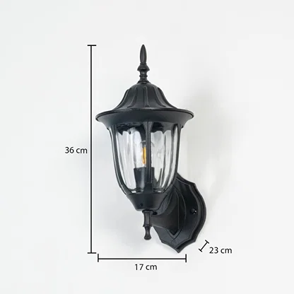 Black metal outdoor wall light dimension image with 36 cm height and ribbed glass shade for patio decor.
