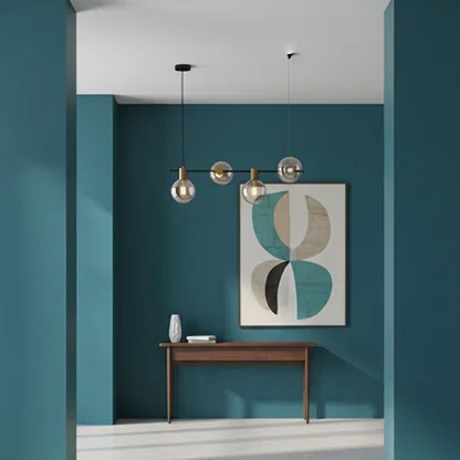 Contemporary amber globe chandelier with black metal rod styled in modern interiors for cozy and sophisticated ambient lighting.