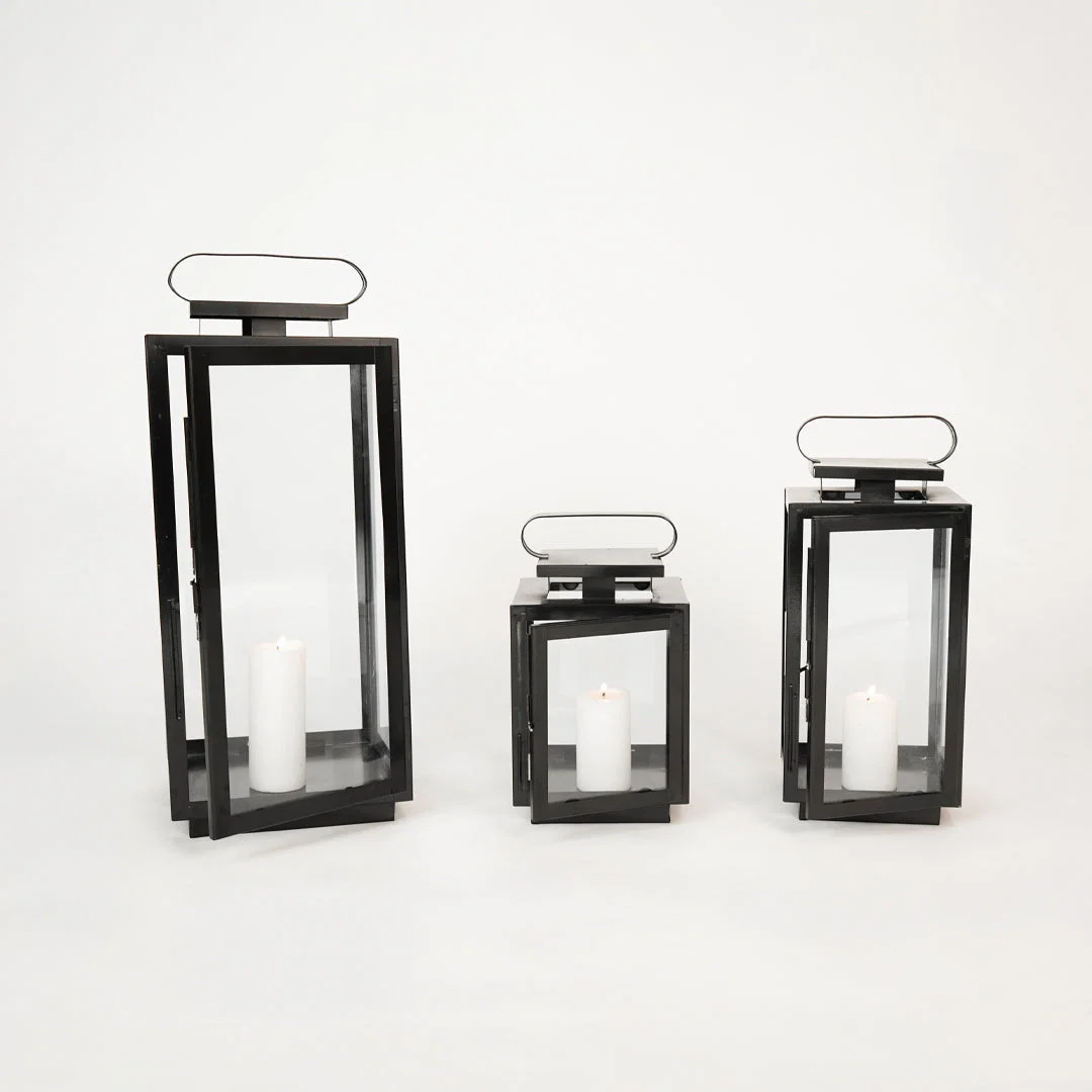 Grouped image of medium metal tower lantern for rustic outdoor patio decor styling and modern home garden lighting setups.