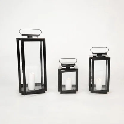 Grouped image of medium metal tower lantern for rustic outdoor patio decor styling and modern home garden lighting setups.