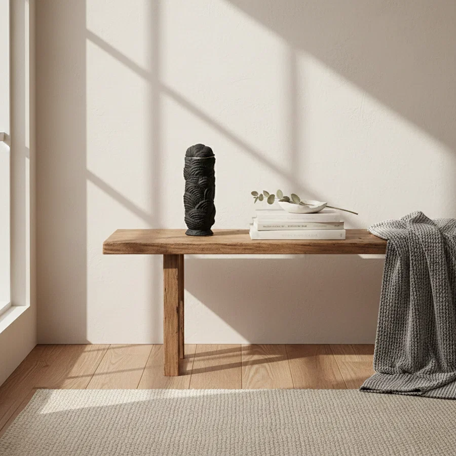 Black ceramic decorative sculpture styled on a wooden bench creating an elegant focal point in modern interiors.