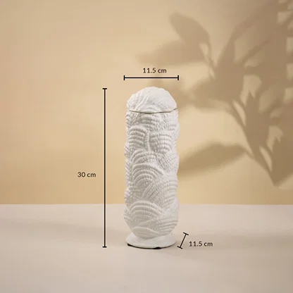 White handcrafted ceramic vase with textured surface displayed on white background showing 30 cm height and 11 cm width for tabletop styling.