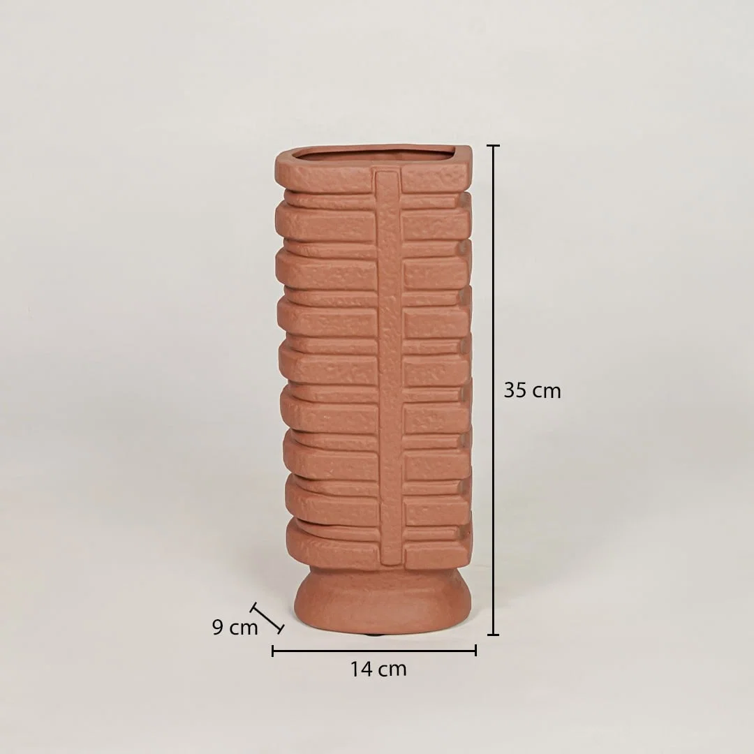 Terracotta ceramic vase measuring 35 cm height and 14 cm width for modern tabletop decor placement.