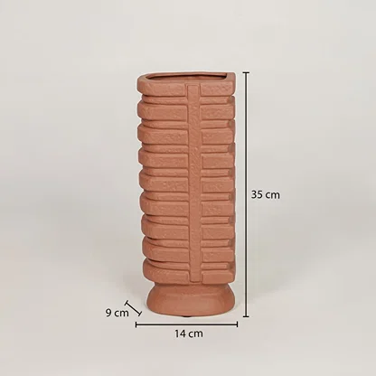 Terracotta ceramic vase measuring 35 cm height and 14 cm width for modern tabletop decor placement.