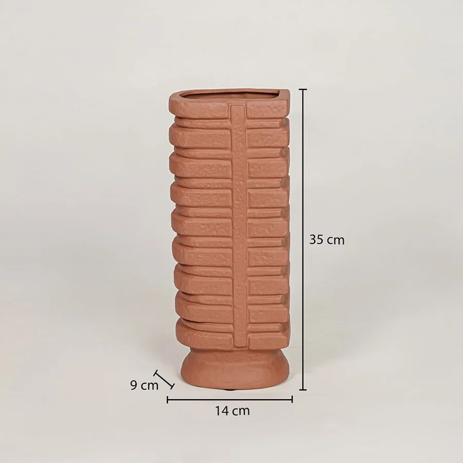 Terracotta ceramic vase measuring 35 cm height and 14 cm width for modern tabletop decor placement.