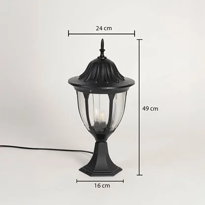 Outdoor black pillar lamp with dome top and glass panels showing 49 cm height 24 cm width and 16 cm base size.