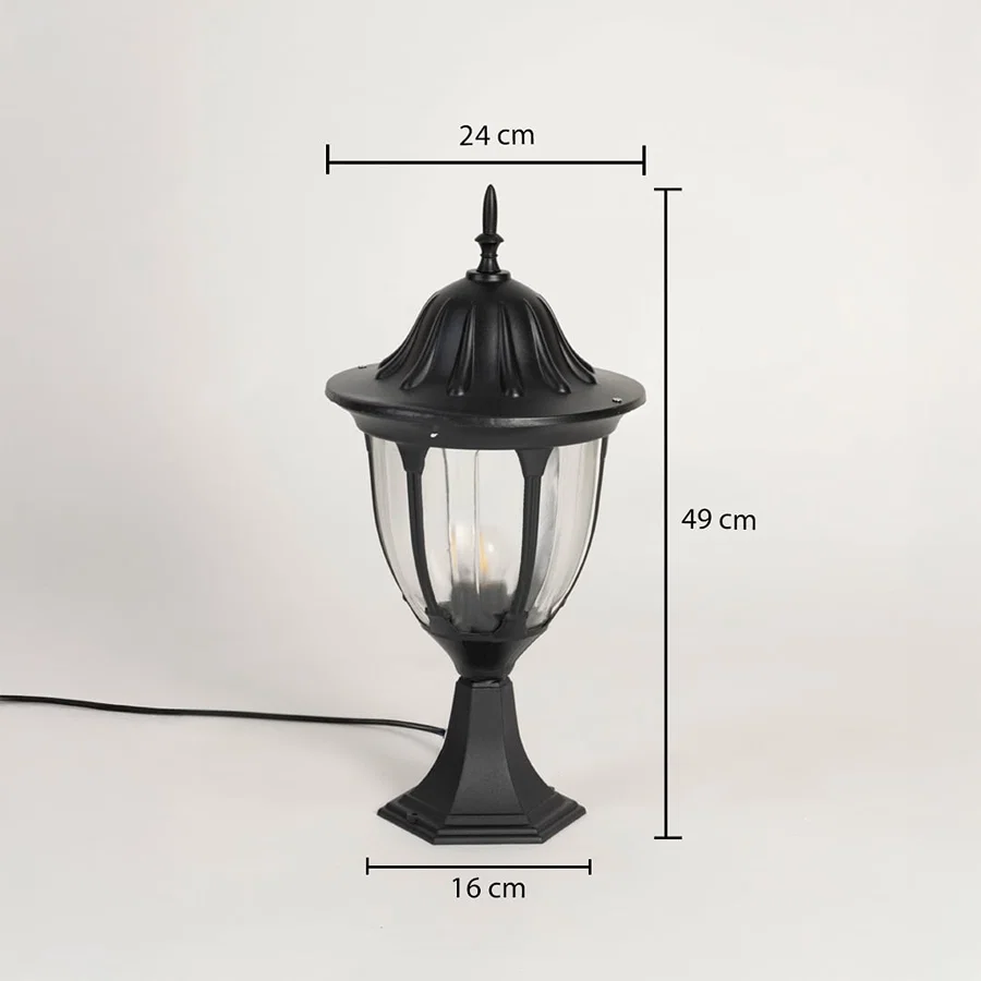 Outdoor black pillar lamp with dome top and glass panels showing 49 cm height 24 cm width and 16 cm base size.
