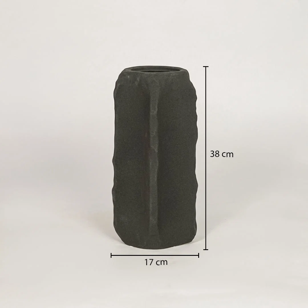 Dark grey ceramic vase measuring 35 cm height and 17 cm width for modern tabletop and shelf decor styling.