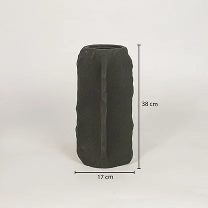 Dark grey ceramic vase measuring 35 cm height and 17 cm width for modern tabletop and shelf decor styling.