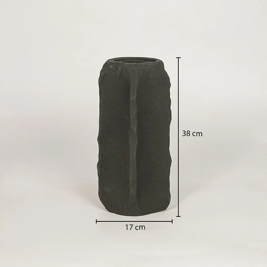 Dark grey ceramic vase measuring 35 cm height and 17 cm width for modern tabletop and shelf decor styling.