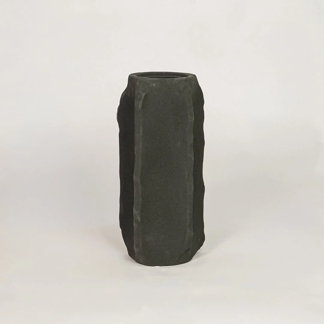 Tall dark grey ceramic decorative vase with textured surface for modern shelf table and console decor styling.