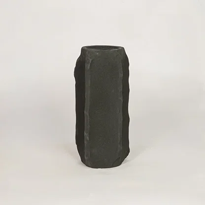 Tall dark grey ceramic decorative vase with textured surface for modern shelf table and console decor styling.