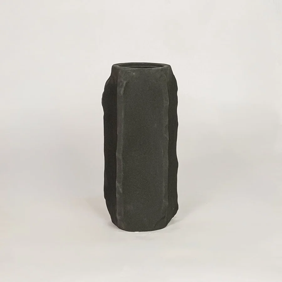 Tall dark grey ceramic decorative vase with textured surface for modern shelf table and console decor styling.