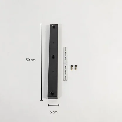 Black metal ceiling mounting plate dimension image with 5 cm width and 50 cm length for pendant light installation.