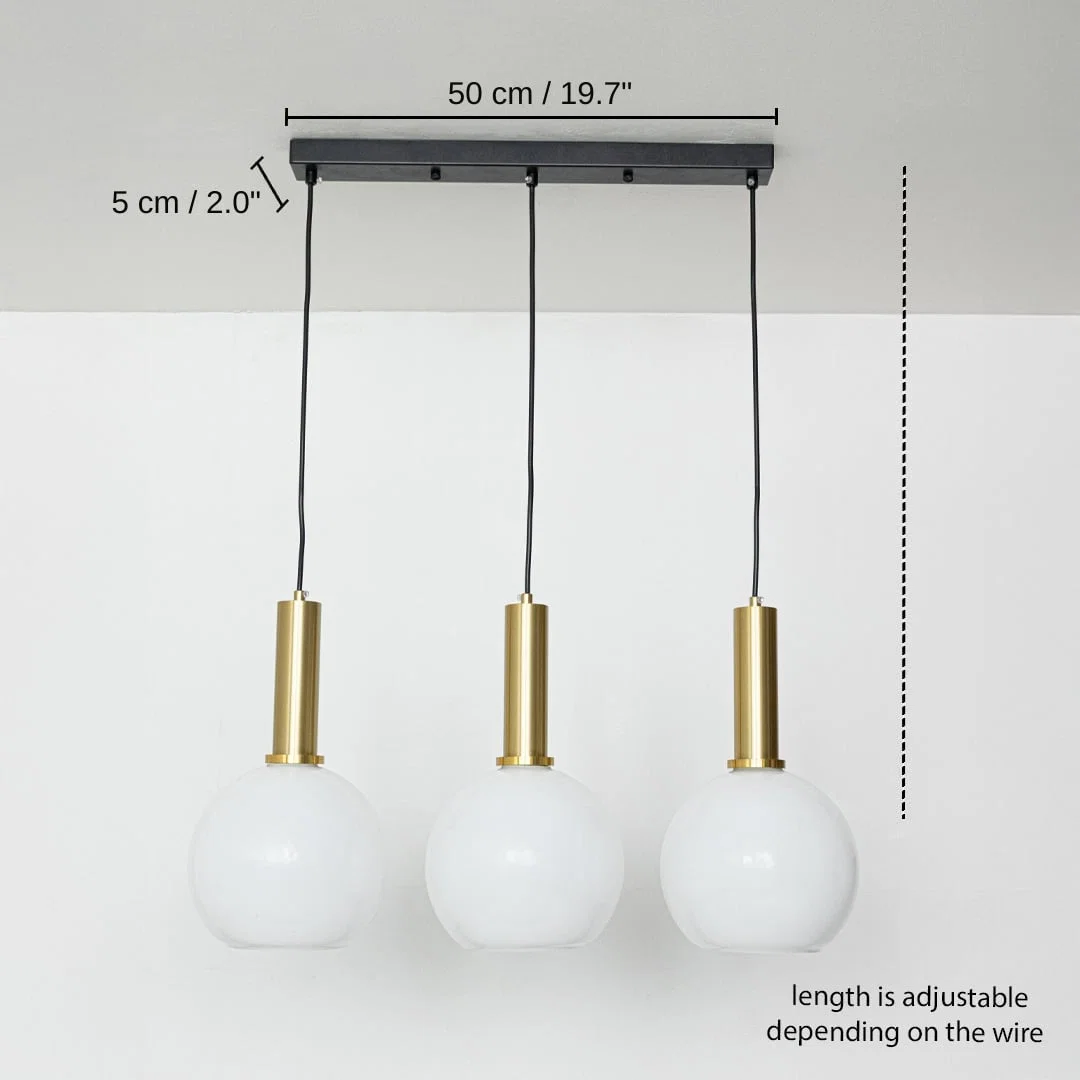 Triple white glass pendant light, 50 x 5 cm (19.7 x 2.0 inches) dimensions