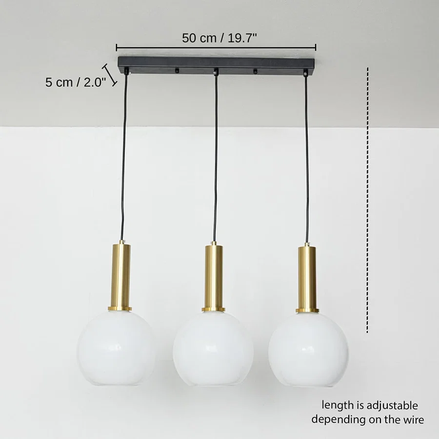 Triple white glass pendant light, 50 x 5 cm (19.7 x 2.0 inches) dimensions