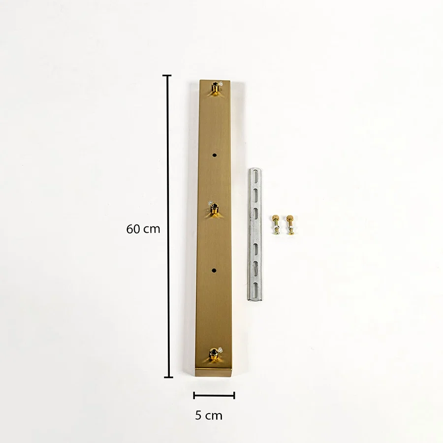 Gold metal ceiling mounting plate dimension image with 5 cm width and 60 cm length for pendant light installation.