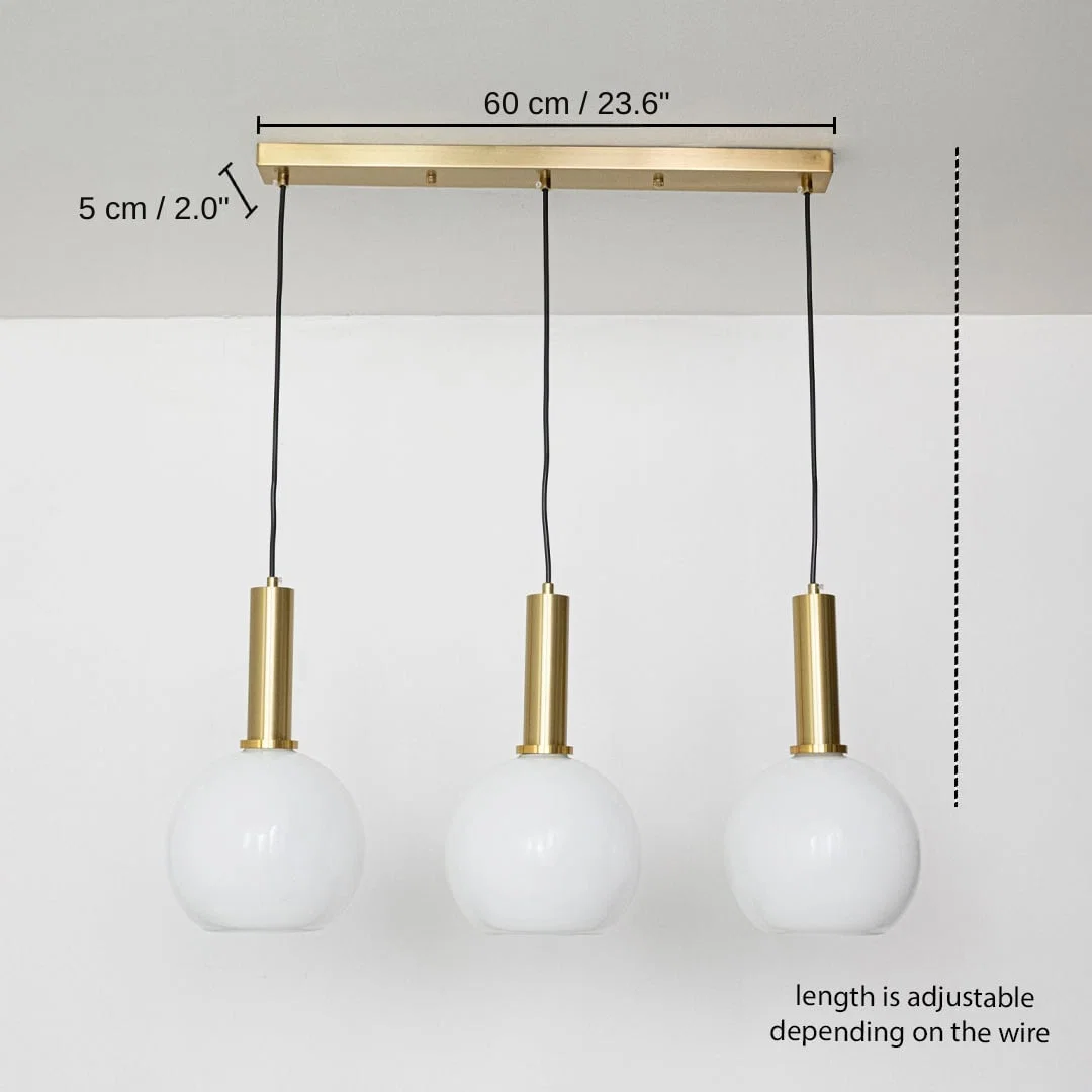 Triple white glass pendant light, 60 x 5 cm (23.6 x 2.0 inches) dimensions
