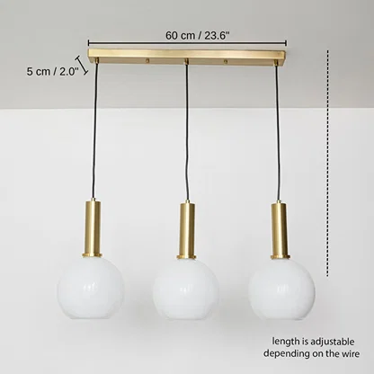 Triple white glass pendant light, 60 x 5 cm (23.6 x 2.0 inches) dimensions