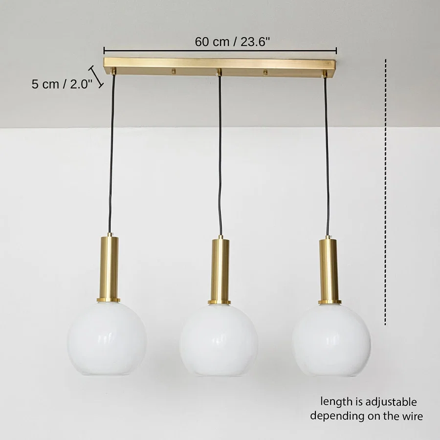 Triple white glass pendant light, 60 x 5 cm (23.6 x 2.0 inches) dimensions