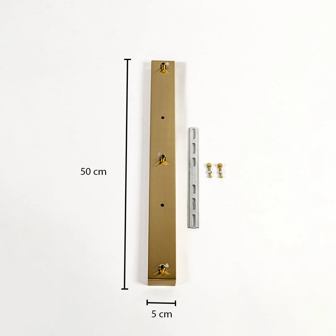 Gold metal ceiling mounting plate dimension image with 5 cm width and 50 cm length for pendant light installation.
