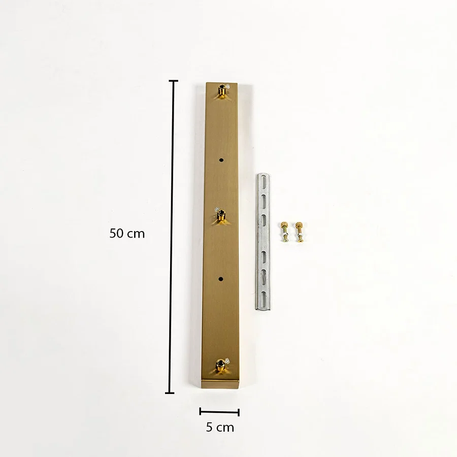Gold metal ceiling mounting plate dimension image with 5 cm width and 50 cm length for pendant light installation.