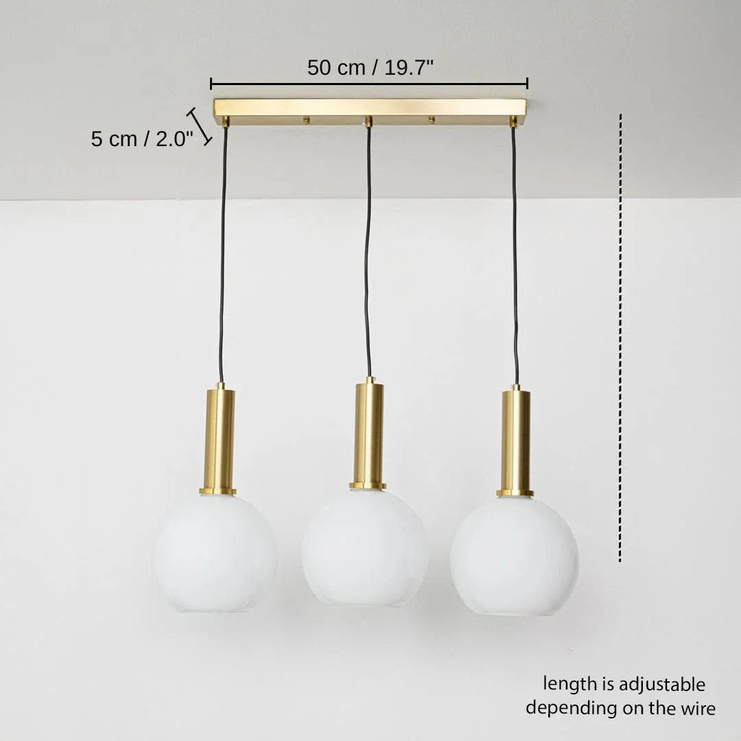 Triple white glass pendant light, 50 x 5 cm (19.7 x 2.0 inches) dimensions