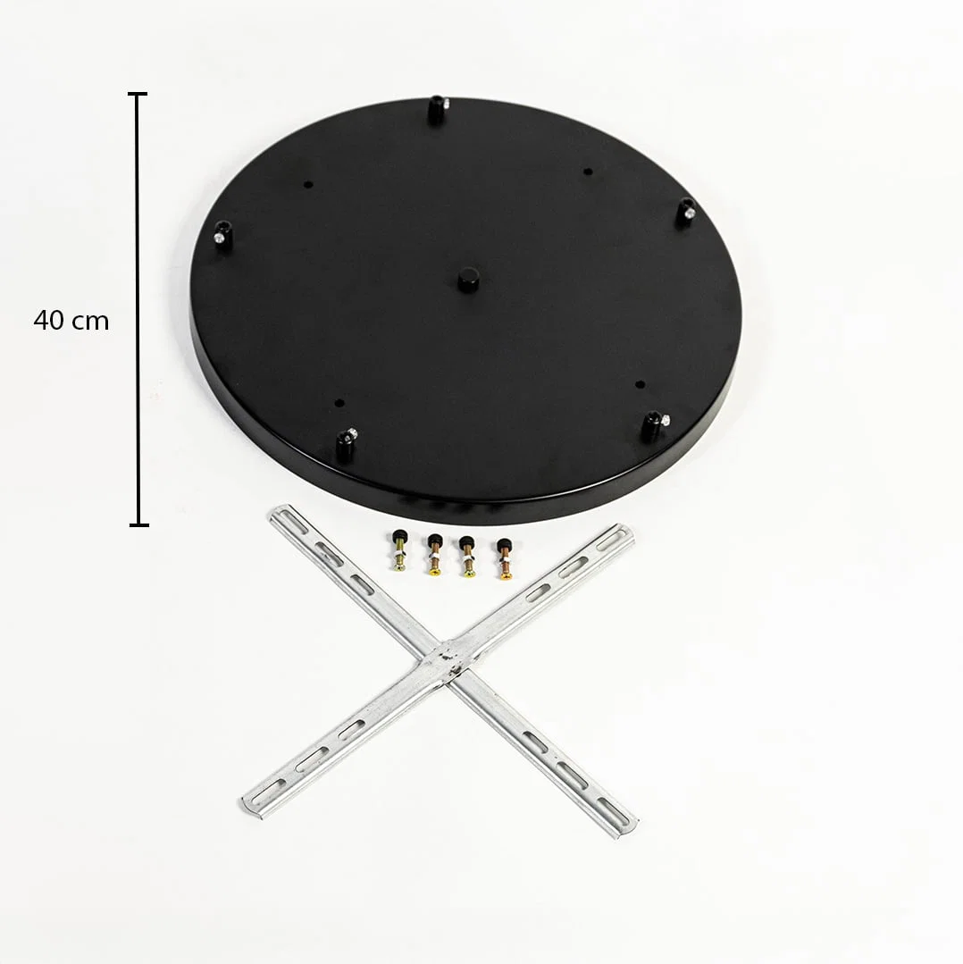 Black metal ceiling mounting plate dimension image with 40 cm width for pendant light installation.