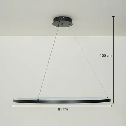 Minimal black circular pendant light with slim metal frame suspended on white ceiling background 81 cm diameter with 100 cm adjustable hanging height for modern interiors.