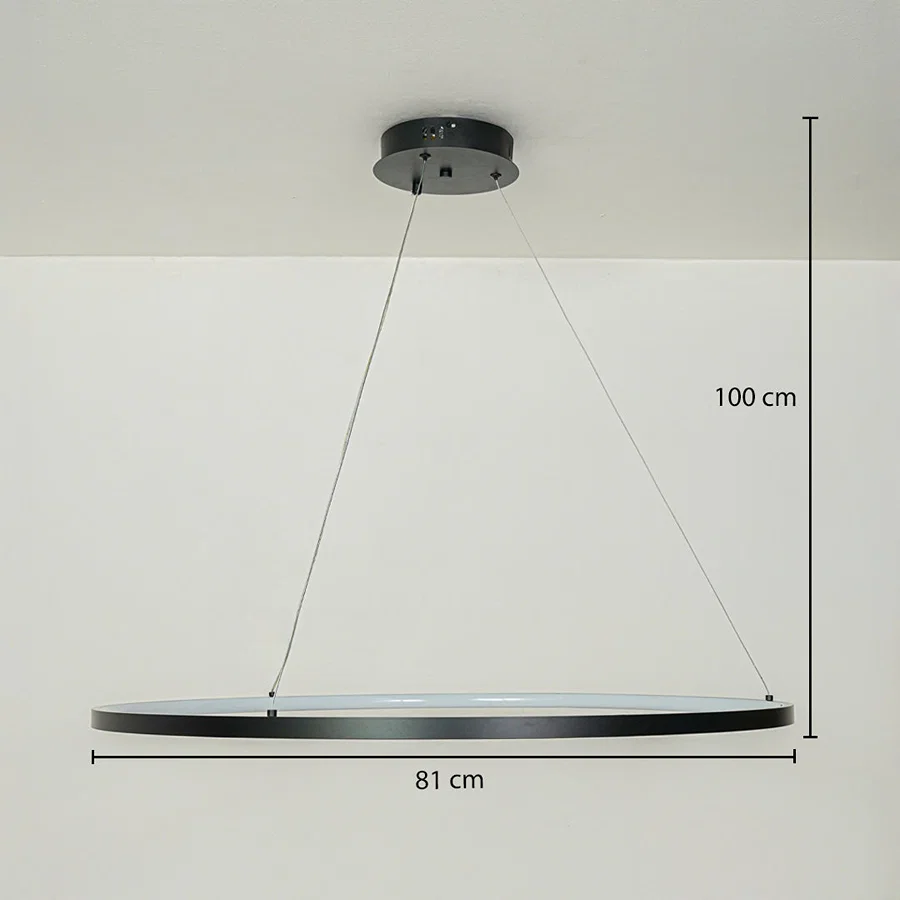 Minimal black circular pendant light with slim metal frame suspended on white ceiling background 81 cm diameter with 100 cm adjustable hanging height for modern interiors.