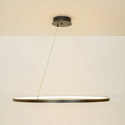 Contemporary slim linear pendant light with cable suspension hanging against clean white ceiling background ideal for modern home lighting.