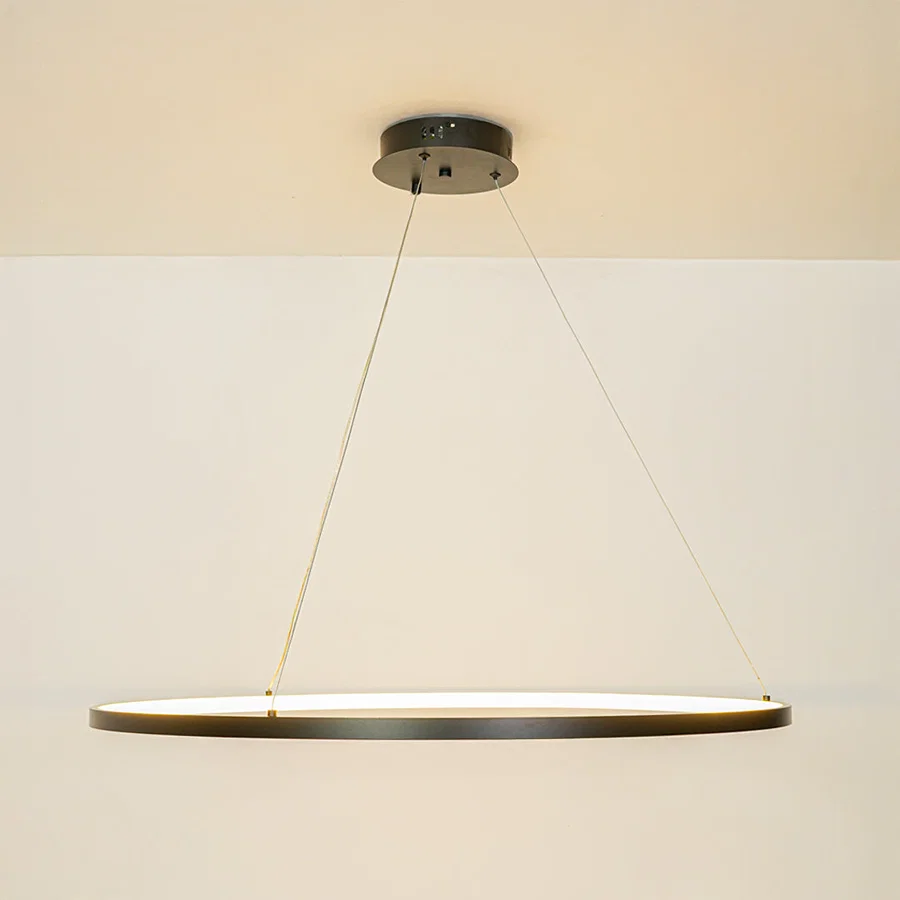 Contemporary slim linear pendant light with cable suspension hanging against clean white ceiling background ideal for modern home lighting.