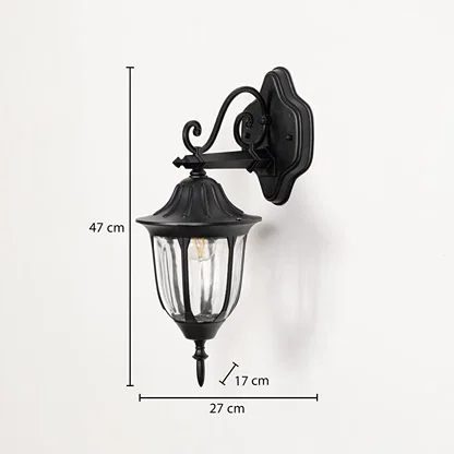 Black outdoor wall lantern 47cm height 17cm width downward facing dimension image showing vintage scroll bracket fixture.