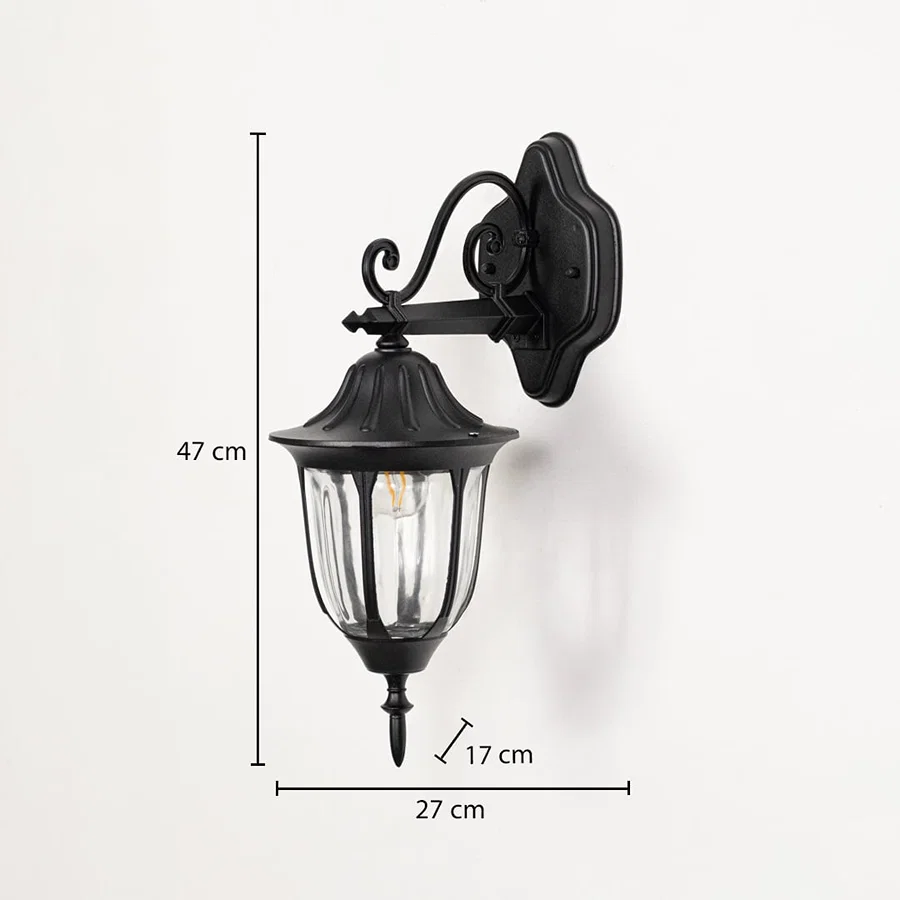 Black outdoor wall lantern 47cm height 17cm width downward facing dimension image showing vintage scroll bracket fixture.