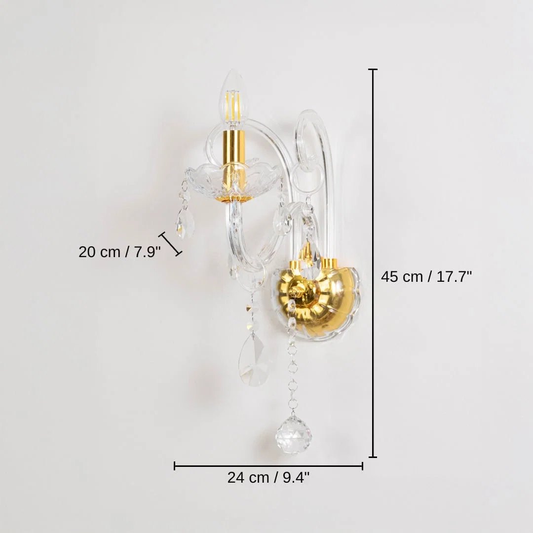 Crystal wall light with golden base, 45 x 24 x 20 cm (17.7 x 9.4 x 7.9 inches) dimensions