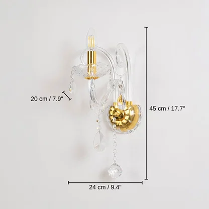 Crystal wall light with golden base, 45 x 24 x 20 cm (17.7 x 9.4 x 7.9 inches) dimensions