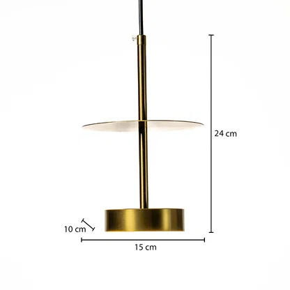 Dimension image of brushed gold metal pendant light with disc shade showing 24 cm height and 15 cm width.