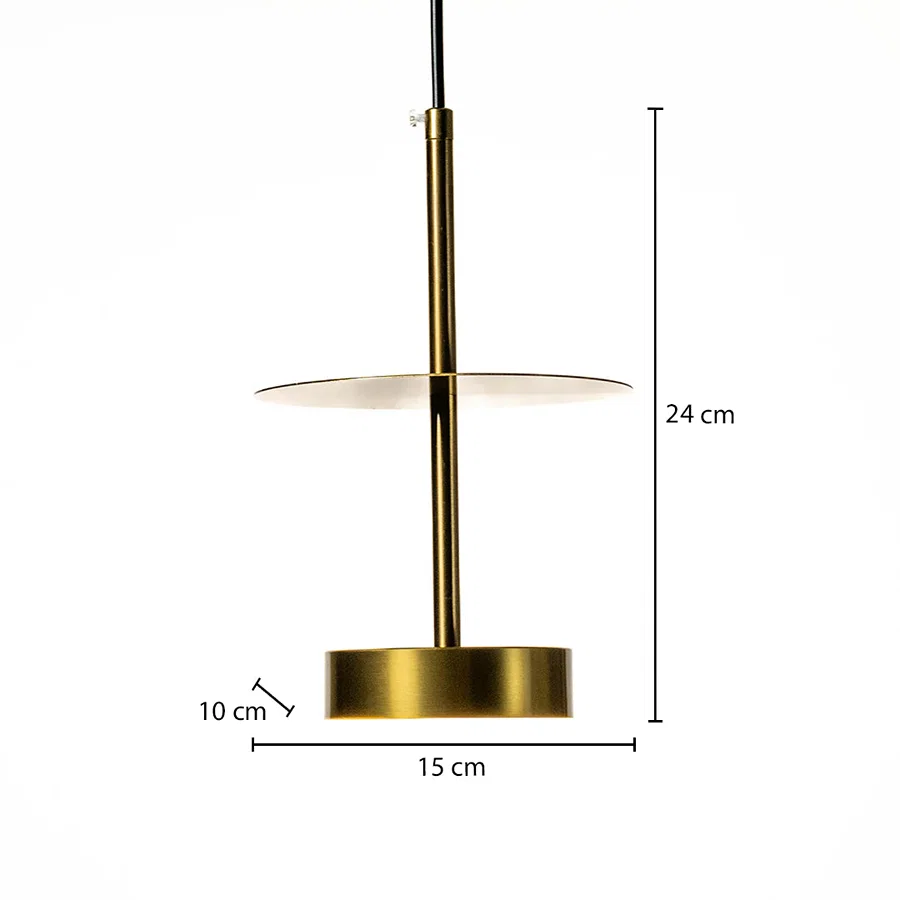 Dimension image of brushed gold metal pendant light with disc shade showing 24 cm height and 15 cm width.