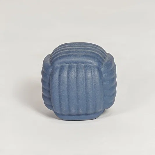 Contemporary blue ceramic flower vase with sculpted cube design perfect for entryway table living room decor display.