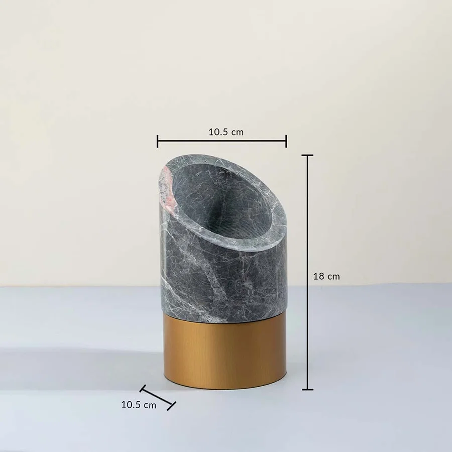 Marble and metal decorative vase showing clear height width and base dimensions suitable for console table or shelf styling.